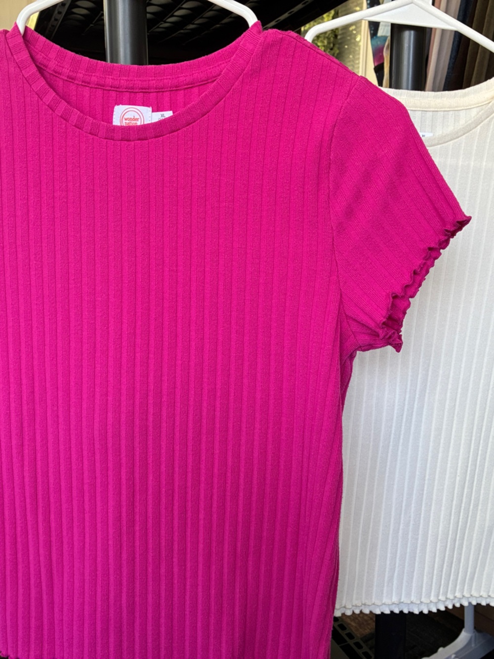 wonder nation Ribbed Short-Sleeve Tee in Hot Pink and White